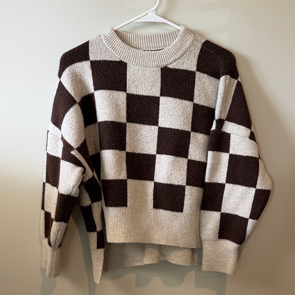 Sincerely Jules Brown and Cream Checkered Crewneck Sweater
